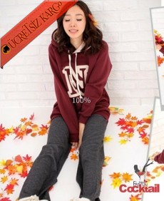 * Harf Baskı Japon Kapşonlu SweaTshirt Bordo