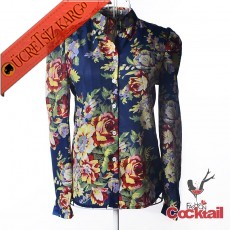 * Floral Çiçekler Japon Zarif Gömlek S-Xl Mavi