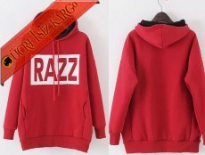 * Razz Yazılı Japon Kapşonlu Sweatshirt Kırmızı