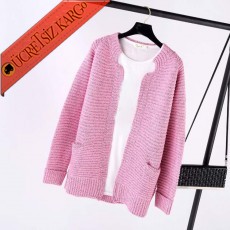 * Soft Elegant Japon Yün Uzun Hırka Pembe