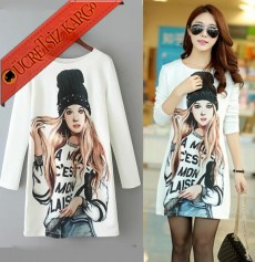 * Fashion Girl Japon Uzun Kol Elbise S-L Beyaz