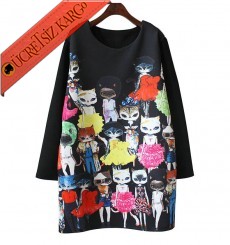 * Fashion Cats Japon Uzun Kol Tunik Elbise Siyah