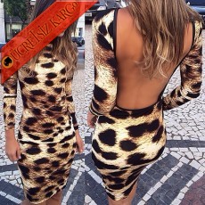 * Japon Sırt Dekolteli Fit Sexy Leopar Elbise