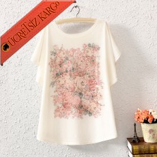 * Soft Çiçekler Japon Kısa Kol Tshirt Beyaz