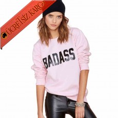 * Badass Print Japon Uzun Kol Bluz Pembe Bedenli