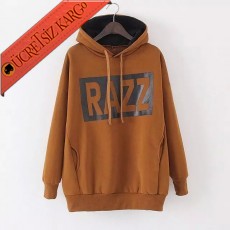 * Razz Yazılı Japon Kapşonlu Sweatshirt Kahve