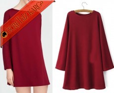 * Casual & Simple Japon Tunik Elbise Bordo S-L