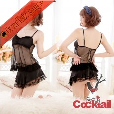 * 2Parça Jpon Transparan Etekli Babydoll Siyah