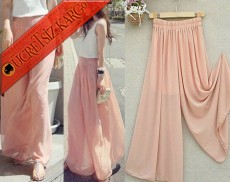 * Şifon Boru Paça Japon Elegant Pantolon Pembe