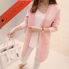 * Simple & Casual Japon Günlük Uzun Hırka Pembe