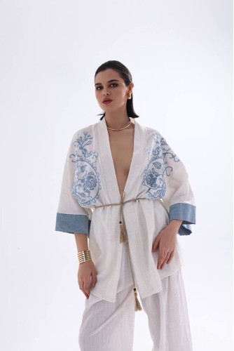 Doğal Nefes Alan Dokulu Kabartma Kumaşlı Nakışlı Kimono Bohem Kaftan Pantolon Yazlık Takım Ekru