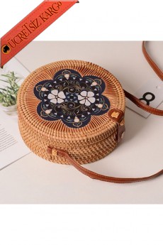 * Kadın Bej Hasır Bali Rattan Hasır Elişi Ithal Omuz Çantası Büyük Boy 20cm X 8cm Desen 4 -  Krem Tek Ebat