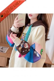 * Japon Anime Tarzı Kapşonlu Salaş Desenli Renkli Ponponlu Cepli Kışlık Sweatshirt -  Bej 38