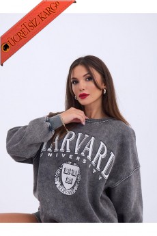 * Harvard Üniversite Kolej Salaş Alacalı Uzun Kollu Bol Kesim Kışlık Kadın Sweatshirt Füme -  Füme 40