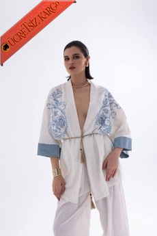 * Doğal Nefes Alan Dokulu Kabartma Kumaşlı Nakışlı Kimono Bohem Kaftan Pantolon Yazlık Takım Ekru -  ekru 38