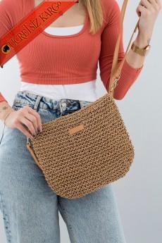 * Portföy Clutch Fermuarlı Astarlı Cepli Ayarlanabilir Deri Askılı ithal Örgü Hasır Yazlık Tatil Çanta -  camel