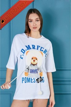 * Peluş Şapkalı Çift Ponponlu Sevimli Ayıcık Teddy Bear Eğlenceli Kadın T-shirt Beyaz -  beyaz S/M