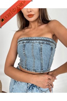 * Denim Kot Yarım Fermuar Detaylı Sırt Fermuarlı Straples Askısız Büstiyer Krop -  mavi 40