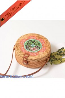 * Büyük Boy 20cm X 8cm Desen 8 Bali Rattan Hasır Elişi Ithal Omuz Çantası -  Krem Tek Ebat