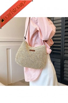 * Portföy Clutch Fermuarlı Astarlı Cepli Ayarlanabilir Deri Askılı ithal Örgü Hasır Yazlık Tatil Çanta -  bej